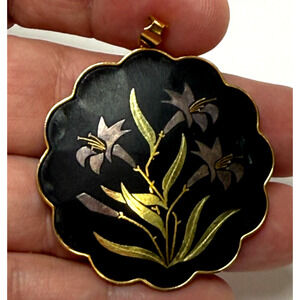Vintage Japanese Amita Damascene Purple Lily Pendant Round Scalloped Gold Tone
